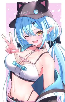 1girl absurdres armpit_crease black_jacket blue_hair blush bow bra breasts cleavage collarbone commentary_request elf fingernails hair_between_eyes hair_bow highres hololive jacket large_breasts long_hair looking_at_viewer low_twintails marishia_holo nail_polish navel one_eye_closed open_mouth parted_lips pink_nails pointy_ears single_bare_shoulder single_off_shoulder smile solo stomach twintails underwear upper_body v virtual_youtuber white_bra yellow_eyes yukihana_lamy yukihana_lamy_(cyber)