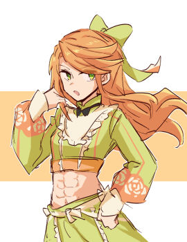 1girl :o abs alonemistrist bow breasts cropped_shirt etie_(fire_emblem) fire_emblem fire_emblem_engage green_bow green_eyes green_skirt hair_bow long_hair long_sleeves looking_at_viewer midriff nintendo open_mouth orange_hair skirt small_breasts solo swept_bangs