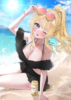 1girl absurdres arm_support arm_up armpit_crease armpits beach beer_can bikini black_bikini blonde_hair blue_sky blunt_bangs blush breasts can cleavage commission drink_can hair_ornament heart heart-shaped_eyewear high_ponytail highres indie_virtual_youtuber jewelry large_breasts long_hair looking_at_viewer midriff necklace official_art one_eye_closed ponytail sky sun sweat swimsuit thighs tongue tongue_out uwabami_momoka_(vtuber) veins veiny_breasts wavy_hair x_hair_ornament yuuyu_(moco20111115)
