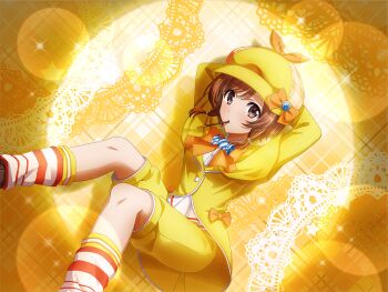 1girl aijou_karen arms_behind_head bow bowtie brown_eyes brown_hair cosplay dress food food_in_mouth game_cg hat hat_bow long_sleeves looking_at_viewer loose_socks newsboy_cap official_art orange_bow orange_bowtie pocky pocky_in_mouth short_hair shorts shoujo_kageki_revue_starlight shoujo_kageki_revue_starlight_-re_live- socks solo spotlight tantei_opera_milky_holmes upper_body yellow_dress yellow_hat yellow_shorts yuzurizaki_nero yuzurizaki_nero_(cosplay)