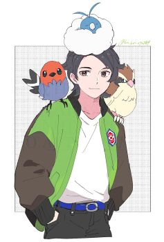 1boy belt belt_buckle black_hair black_pants blue_belt buckle closed_eyes closed_mouth collarbone collared_jacket commentary_request crew_neck cropped_legs fletchling gen_1_pokemon gen_3_pokemon gen_6_pokemon grey_eyes highres hinata_(ryohinata) jacket long_sleeves male_focus multicolored_jacket nintendo on_head on_shoulder open_clothes open_jacket pants paxton_(pokemon) pidgey pokemon pokemon_(creature) pokemon_legends:_z-a pokemon_on_head pokemon_on_shoulder shirt shirt_tucked_in smile solo swablu twitter_username two-tone_jacket white_shirt