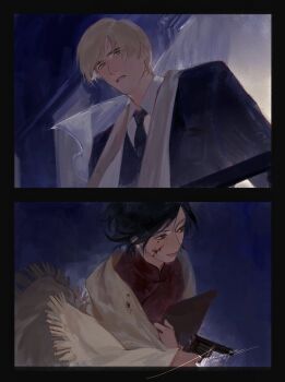 1boy 1girl ada_wong alternate_universe black_border black_hair black_jacket black_necktie blonde_hair blood blood_on_face border collared_shirt dress fringe_trim gun highres holding holding_gun holding_weapon jacket leon_s._kennedy mofa_shuimu_jiang necktie parted_bangs parted_lips red_dress resident_evil scarf shirt short_hair suit_jacket upper_body weapon white_scarf white_shirt