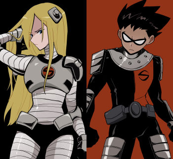 1boy 1girl absurdres armor bandaged_leg bandaged_torso bandages belt belt_pouch black_background black_hair blonde_hair blue_eyes breastplate closed_mouth cornfarm cowboy_shot dc_comics dick_grayson eye_mask hair_ornament highres long_hair looking_at_viewer mask orange_background pouch robin_(dc) shoulder_armor simple_background spiked_hair teen_titans terra_(dc) two-tone_background