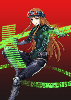 10s 1girl bad_id bad_pixiv_id bodysuit breasts female_focus gloves goggles goggles_on_head long_hair maekawa_yuichi medium_breasts oracle_(persona_5) orange_hair persona persona_5 purple_eyes sakura_futaba smile solo teeth