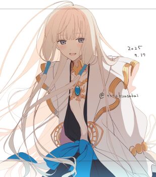 1boy 4392hirasakai androgynous black_robe blonde_hair dated fate/grand_order fate/grand_order_arcade fate_(series) gold_choker gold_trim grey_eyes highres jewelry long_hair long_sidelocks low-tied_sidelocks neck_ring noah_(fate) open_clothes open_robe robe sidelocks solo twitter_username very_long_sidelocks white_background white_robe