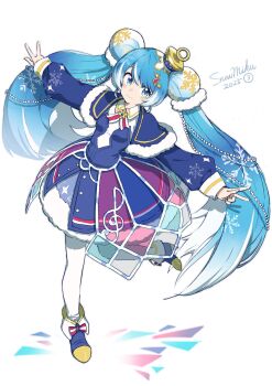 1girl agonasubi blue_capelet blue_dress blue_eyes blue_hair boots capelet character_name christmas_ornaments christmas_ornaments_in_hair commentary double_w dress full_body fur-trimmed_capelet fur-trimmed_dress fur_trim hatsune_miku high_heel_boots high_heels highres hoop_skirt leg_up leggings long_hair multicolored_hair outstretched_arms ribbon simple_background smile snowflake_brooch snowflake_print solo stained_glass standing standing_on_one_leg streaked_hair treble_clef twintails very_long_hair vocaloid w white_background white_leggings white_streaks yuki_miku yuki_miku_(2025)_(candidate_no.3)