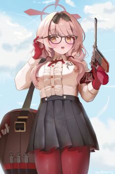 1girl :o absurdres armband artist_name bag black-framed_eyewear black_hairband black_skirt blue_archive blue_sky blush bow_hairband breasts brown_bag center_frills chinatsu_(blue_archive) collared_shirt commentary cowboy_shot frills glasses gloves gun hairband halo handgun hands_up highres holding holding_gun holding_weapon hoyuring large_breasts long_hair long_sleeves low_twintails mauser_c96 miniskirt neck_ribbon open_mouth outdoors pantyhose pink_hair pleated_skirt pointy_ears red_armband red_gloves red_halo red_pantyhose red_ribbon ribbon shirt shoulder_bag skirt sky solo standing syringe teeth twintails twitter_username upper_teeth_only weapon white_hair yellow_eyes
