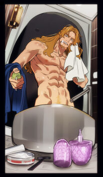 1boy abs bara commentary convenient_censoring cowboy_shot hickey large_pectorals long_hair male_focus muscular muscular_male navel nipples one_piece one_piece_fan_letter pectorals solo standing stomach symbol-only_commentary umbrella_rpd wet younger_marine_brother