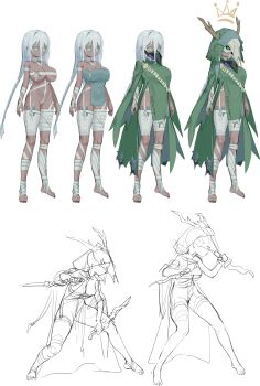 1girl absurdres aqua_eyes areola_slip bandaged_arm bandaged_leg bandaged_neck bandages braid breasts byakuyoi chest_sarashi cleavage cloak commentary_request covered_navel dagger dark-skinned_female dark_skin female_pubic_hair green_cloak hair_between_eyes highres knife large_breasts mask mole mole_on_thigh multiple_views plague_doctor_mask pubic_hair pussy reference_sheet sarashi simple_background skull_mask slay_the_spire the_silent_(slay_the_spire) toes weapon white_background white_hair