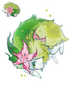 animal_focus animal_hands bairizuomeng flower full_body gen_4_pokemon gracidea green_eyes green_fur hedgehog highres legendary_pokemon looking_at_viewer mythical_pokemon nintendo no_humans open_mouth pink_flower pokemon pokemon_(creature) pokemon_focus reference_inset shaymin shaymin_(land) simple_background smile solo standing white_background white_fur