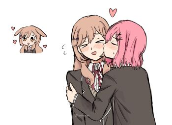 >_< 2girls amaori_renako ashigaya_high_school_uniform black_jacket blazer blush brown_hair closed_eyes collared_shirt commentary flying_sweatdrops hand_on_another's_arm heart homuyas jacket kemonomimi_mode long_hair medium_hair multiple_girls neck_ribbon open_mouth pink_hair red_ribbon ribbon school_uniform sena_ajisai shirt simple_background smile watashi_ga_koibito_ni_nareru_wake_naijan_murimuri! white_background white_shirt yuri