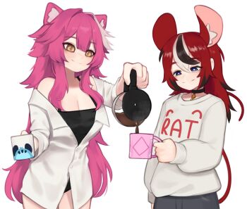 2girls alternate_costume animal_ear_fluff animal_ears black_chemise black_choker black_hair black_panties blue_eyes breasts chemise choker cleavage clothes_writing coffee coffee_pot commentary cowboy_shot cup english_commentary extra_ears hair_between_eyes hakos_baelz highres holding holding_coffee_pot holding_cup hololive hololive_english key key_choker long_hair long_sleeves mouse_ears mouse_girl mouse_tail mug multicolored_hair multiple_girls no_pants off_shoulder open_clothes open_shirt panther_girl panties partially_unbuttoned pink_hair pouring raora_panthera red_hair shirt simple_background smile tail underwear very_long_hair virtual_youtuber white_background white_hair white_shirt yellow_eyes yoako