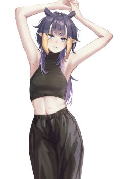 absurdres alternate_costume alternate_hairstyle armpits arms_up bare_arms black_pants black_shirt blunt_bangs center-flap_bangs commentary cowboy_shot cropped_shirt english_commentary flat_chest gradient_hair halter_shirt halterneck highres hololive hololive_english long_hair looking_at_viewer messy_hair midriff multicolored_hair navel ninomae_ina&#039;nis orange_hair pants parted_lips pointy_ears purple_eyes purple_hair samukzz shirt sidelocks sleeveless sleeveless_shirt straight-on tentacle_hair virtual_youtuber wolf_cut