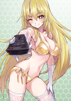 +_+ 1girl ;) bikini blonde_hair blush breasts cleavage controller elbow_gloves female_focus foreshortening gloves hand_on_thigh hexagon hip_focus honeycomb_(pattern) honeycomb_background honeycomb_pattern long_hair looking_at_viewer lowleg lowleg_bikini matsuryuu medium_breasts navel one_eye_closed remote_control shokuhou_misaki side-tie_bikini_bottom smile solo spider_web_print swimsuit symbol-shaped_pupils thighhighs toaru_kagaku_no_railgun toaru_majutsu_no_index very_long_hair white_gloves white_thighhighs wink yellow_bikini yellow_eyes