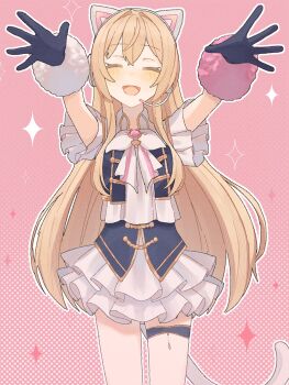 1girl :d animal_ear_headphones animal_ears black_gloves blonde_hair bow bowtie cat_ear_headphones cat_ears cat_tail closed_eyes commentary_request cowboy_shot cropped_jacket facing_viewer fake_animal_ears frills gloves hands_up headphones headset highres ienaga_mugi if_mothi long_hair nijisanji nijisanji_idol_uniform open_mouth outline pink_background polka_dot polka_dot_background pom_pom_(clothes) simple_background skirt sleeveless sleeveless_jacket smile solo tail thigh_strap virtual_youtuber white_outline white_skirt