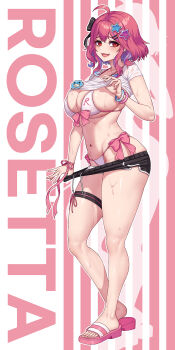 1girl ahoge bikini bikini_under_clothes black_shorts blush bracelet breasts character_name clothes_lift commentary english_commentary english_text front-tie_bikini_top front-tie_top full_body gonster hair_ornament hairclip highres indie_virtual_youtuber jewelry large_breasts looking_at_viewer medium_hair navel pink_hair print_bikini red_eyes rosetta_(vtuber) sandals shirt short_sleeves shorts side-tie_bikini_bottom simple_background smile solo star_(symbol) star_hair_ornament sweat swimsuit thigh_strap white_background white_bikini white_shirt