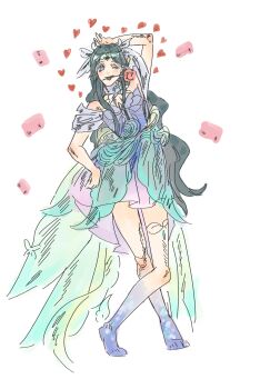 Rule 34 | 1girl, bare arms, bare legs, bare shoulders, barefoot, black hair, blue skin, butterfly hair ornament, chinese commentary, circlet, collar, colored extremities, colored skin, commentary request, crossed legs, dancing, detached collar, dress, dress under skirt, fairy, flower, flower in mouth, flower skirt, forest ripple (infinity nikki), full body, gradient clothes, gradient dress, green skirt, hair ornament, hand on own arm, hand on own hip, heart, high collar, highres, infinity nikki, jewelry, light blush, long hair, long skirt, looking at viewer, nikki (series), off-shoulder dress, off shoulder, official alternate color, one eye closed, open mouth, pink dress, pleated dress, purple collar, purple dress, purple eyes, red flower, red rose, rose, short dress, short sleeves, simple background, skirt, smile, solo, tailcoat, thighlet, two-tone dress, very long hair, wavy hair, white background, xiyu5737