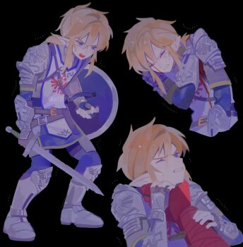 Rule 34 | a15179222, armor, armored boots, bandaged arm, bandages, blonde hair, blood, blood on clothes, blood on face, blue eyes, boots, clenched teeth, colored skin, commentary request, full body, hair between eyes, highres, holding, holding shield, holding sword, holding weapon, link, low ponytail, male focus, medium hair, multiple views, nintendo, one eye closed, open mouth, ponytail, red skin, shield, shoulder armor, sidelocks, strangling, sweatdrop, sword, teeth, the legend of zelda, the legend of zelda: breath of the wild, trembling, twitter username, upper body, vambraces, weapon