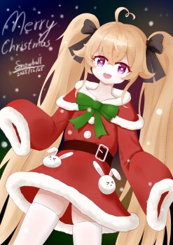 1girl ahoge attilio_regolo_(azur_lane) azur_lane black_bow blonde_hair bow christmas commentary_request hair_bow heart heart-shaped_pupils heart_ahoge long_hair looking_at_viewer merry_christmas mole mole_under_eye open_mouth purple_eyes santa_costume sleeves_past_fingers sleeves_past_wrists snowball_(101414704) solo symbol-shaped_pupils thighhighs twintails very_long_hair white_thighhighs