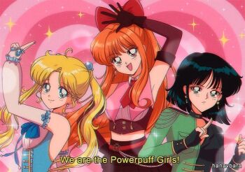 1990s_(style) 3girls arm_up artist_name black_gloves black_hair blonde_hair blossom_(ppg) blue_nails blush bow brown_hair bubbles_(ppg) buttercup_(ppg) closed_mouth elbow_gloves fingerless_gloves gloves green_eyes hair_bobbles hair_bow hair_ornament hanavbara itou_ikuko_(style) long_hair looking_at_viewer multiple_girls open_mouth parody powerpuff_girls red_bow red_eyes retro_artstyle short_hair smile style_parody subtitled twintails