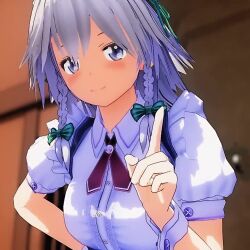 1girl 3d animated blue_eyes breasts grey_hair izayoi_sakuya looking_at_viewer medium_breasts mofumoko5 solo tagme thighs touhou video