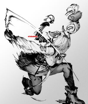 1girl alice_thymefield animal_ears ben-day_dots closed_mouth commentary dated_commentary dot_mouth dynamic_pose gradient_background greyscale highres holding holding_weapon long_hair looking_at_viewer monochrome motion_blur otimusyairoha pantyhose rabbit_ears screentones simple_background skirt solo spot_color twintails twitter_username weapon zenless_zone_zero