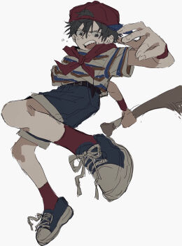 Rule 34 | 1boy, baseball cap, belt, black belt, black eyes, black hair, blue shoes, commentary request, denim, denim shorts, dynamic pose, full body, hat, highres, looking back, male focus, midair, mother (series), mother 1, neckerchief, ninten, nintendo, open mouth, red hat, red neckerchief, red socks, shirt, shirt tucked in, shoes, shorts, sneakers, socks, solo, striped clothes, striped shirt, wa noko, wristband