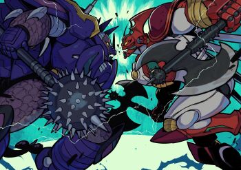 arm_blade armor axe battle_axe blue_armor blue_background commentary_request dual_wielding electricity faceoff fanfiction_available from_side full_body getter_arc getter_robo getter_robo_arc gettersaurus hanahiyo_(hoimin) highres holding holding_axe holding_mace holding_weapon mace mecha mecha_focus multicolored_armor open_mouth red_armor robot scales sharp_teeth spike_ball spiked_mace spikes super_robot super_robot_wars super_robot_wars_30 teeth weapon white_armor yellow_eyes