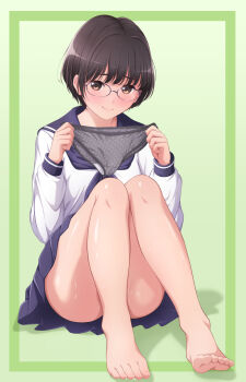 Rule 34 | 1girl, akippoi 0919, barefoot, black-framed eyewear, black hair, black neckerchief, black sailor collar, black skirt, censored, closed mouth, commentary request, convenient censoring, crotch seam, full body, glasses, grey panties, hands up, highres, holding, holding panties, holding underwear, holding unworn clothes, knees up, long sleeves, looking at viewer, miniskirt, mosaic censoring, neckerchief, no panties, original, panties, pleated skirt, polka dot, polka dot panties, presenting removed panties, raised inner eyebrows, sailor collar, school uniform, serafuku, shirt, short hair, sitting, skirt, smile, solo, underwear, unworn panties, variant set, white shirt, wispy bangs