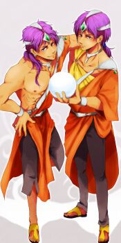 2boys abs arm_around_shoulder arm_on_another's_shoulder ball black_pants bracelet brothers chakoji circlet commentary_request crystal_ball dragon_quest dragon_quest_iv ear_piercing forehead_jewel full_body gem genderswap genderswap_(ftm) green_gem hand_on_own_hip highres holding holding_ball holding_orb jewelry light_frown long_hair looking_at_viewer low_ponytail manya_(dq4) minea_(dq4) multiple_boys muscular muscular_male neck_ring nipples orange_tunic orb pants pectorals piercing ponytail purple_eyes purple_hair ring sandals siblings silver_circlet smile standing standing_on_one_leg tunic