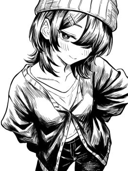 1girl beanie cardigan collarbone commentary_request cowboy_shot greyscale hair_ornament hair_over_one_eye hairpin hat looking_at_viewer medium_hair monochrome original pants shirt simple_background sketch smile solo tohu_sand white_background