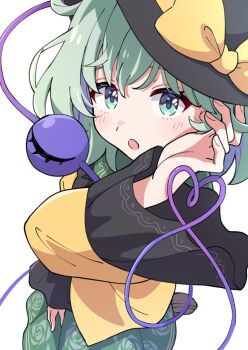 1girl aqua_eyes aqua_hair black_hat bow commentary floral_print floral_print_skirt frilled_sleeves frills green_skirt haruki_reimari hat hat_bow komeiji_koishi looking_at_viewer open_mouth print_skirt rose_print shirt short_hair simple_background skirt solo third_eye touhou white_background yellow_bow yellow_shirt