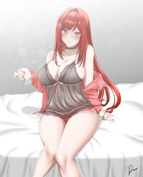 1girl absurdres black_choker black_nightgown breasts choker closed_mouth dolphin_shorts goddess_of_victory:_nikke hair_intakes highres huge_breasts lace-trimmed_nightgown long_hair looking_at_viewer nightgown official_alternate_costume pajamas ramiki_(ramesgoag) rapi_(nikke) rapi_(red_hood)_(cherished_red)_(nikke) rapi_(red_hood)_(nikke) red_eyes red_hair red_pajamas red_shorts short_shorts shorts sitting solo