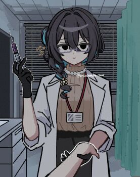 1girl aqua_streaks artist_name bead_necklace beads black_hair coat colored_inner_hair commentary_request empty_eyes gloves hair_ornament hairpin haruo_(haruooimo) highres honkai:_star_rail honkai_(series) id_card indoors injection jewelry lab_coat light_smile long_hair low-tied_long_hair multicolored_hair necklace official_alternate_costume open_clothes open_coat pov ruan_mei_(academia)_(honkai:_star_rail) ruan_mei_(honkai:_star_rail) turtleneck