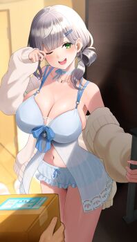 1girl ;d babydoll blue_babydoll blue_choker blue_shorts box breasts cardboard_box choker cleavage commentary_request cowboy_shot doorway green_eyes grey_hair grey_jacket hair_ornament hairclip highres holding holding_box hololive jacket large_breasts looking_at_viewer navel off_shoulder omio one_eye_closed open_mouth pov_doorway shirogane_noel short_shorts shorts smile solo_focus standing teeth upper_teeth_only virtual_youtuber