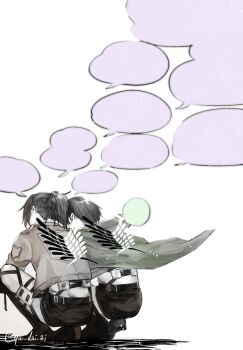 1boy 1girl black_hair blank_speech_bubble brown_jacket eyepatch full_body hange_zoe highres jacket levi_(shingeki_no_kyojin) medium_hair military_jacket military_uniform muted_color pants ponytail qui_dui_zi shingeki_no_kyojin shirt short_hair speech_bubble squatting survey_corps_(emblem) three-dimensional_maneuver_gear twitter_username white_background white_pants white_shirt