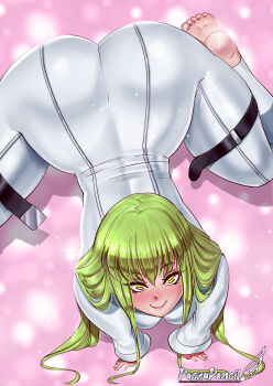 1girl absurdres all_fours ass bare_shoulders blush bodysuit breasts c.c. closed_mouth code_geass feet from_above green_hair highres huge_ass large_breasts long_hair long_sleeves looking_at_viewer looking_up pashapencil pink_background simple_background smile soles solo toes white_bodysuit yellow_eyes