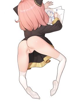 1girl ahoge all_fours anus anya_(spy_x_family) ass black_dress blue_borscht child's_drawing cleft_of_venus clothes_lift crayon drawing dress dress_lift facing_away feet female_focus from_above from_behind hair_ornament has_bad_revision has_censored_revision highres kneepits legs legs_apart loli no_panties no_shoes paper pink_hair pussy short_hair simple_background socks soles solo spy_x_family thighhighs thighs top-down_bottom-up white_background white_socks white_thighhighs
