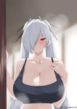 Rule 34 | 1girl, absurdres, amai-pai, artist name, bare arms, bare shoulders, black camisole, blurry, blurry background, blush, breasts, camisole, cinderella (nikke), cleavage, closed mouth, collarbone, commentary, fanbox username, frown, goddess of victory: nikke, hair over one eye, half-closed eye, hands up, highres, horns, huge breasts, indoors, long bangs, long hair, looking at viewer, mechanical horns, midriff, one eye covered, patreon logo, patreon username, pixiv username, red eyes, shiny eyes, solo, steaming body, twintails, upper body, very long hair, white hair