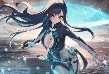 1girl absurdres black_bodysuit black_hair black_nails blue_eyes bodysuit breasts cleavage_cutout closed_mouth clothing_cutout commentary_request floating_hair goddess_of_victory:_nikke highres holding holding_sword holding_weapon korean_commentary large_breasts long_hair looking_at_viewer mixed-language_commentary multicolored_bodysuit multilingual_commentary raven_(stellar_blade) raven_suit_(stellar_blade) shift_up silver_bodysuit skin_tight solar_(happymonk) solo stellar_blade sword two-tone_bodysuit very_long_hair weapon