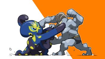 blacknirrow blue_eyes blue_sclera colored_sclera extra_arms fighting gen_1_pokemon gen_8_pokemon grapploct highres machamp muscular nintendo no_humans one_eye_closed outline pokemon pokemon_(creature) punching red_eyes simple_background standing tentacles two-tone_background v-shaped_eyes white_outline