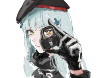 1girl beret black_gloves black_hat blurry blurry_foreground cross_hair_ornament girls&#039;_frontline gloves green_eyes grey_hair hair_ornament hat high_collar hk416_(girls&#039;_frontline) holding light_smile long_hair long_sleeves looking_at_viewer looking_through_scope optical_sight osakana_(denpa_yun&#039;yun) parted_lips portrait simple_background solo teardrop_facial_mark white_background