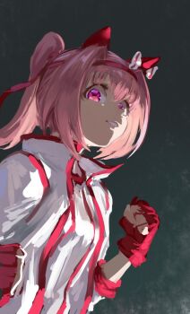 1girl animal_ears bow clenched_hands ear_bow ear_covers fingerless_gloves flower-shaped_pupils flower_in_eye gloves hairband haru_urara_(bestest_prize)_(umamusume) haru_urara_(umamusume) headband highres horse_ears horse_girl inishie_kumo jacket long_hair open_mouth pink_eyes pink_hair pink_headband ponytail red_gloves red_headband shirt simple_background smile solo symbol-shaped_pupils symbol_in_eye umamusume upper_body white_jacket white_shirt