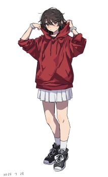 Rule 34 | 1girl, 2025, alternate costume, alternate eye color, black hair, bracelet, glasses, heart-shift bracelets, highres, hood, hoodie, jewelry, looking at viewer, momijiyama teru, pleated skirt, red hoodie, release date, short hair, shy (series), simple background, skirt, socks, sweatdrop, takatisakana, undershirt, white background, white skirt, white socks