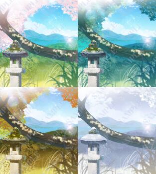 autumn_leaves blue_sky cloud copyright_request day grass lake leaf mountain myusha no_humans outdoors sample_watermark scenery seasons sky snow stone_lantern tree virtual_youtuber water watermark