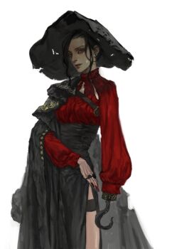 1girl amputee black_hair captain_hook cloak female_focus frilled_thigh_strap gender_request genderswap hat hook_hand lips long_hair long_skirt looking_at_viewer nose original physician27 pirate shirt side_slit skirt solo thigh_strap