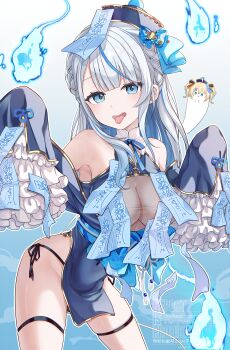 :p absurdres amagai_ruka appare_hinata armpits bare_shoulders blue_dress blue_eyes blue_hair blue_hat blue_ribbon bow braid breasts chinese_clothes cleavage cleavage_cutout clothing_cutout dress grey_hair halloween halloween_costume hat highres hitodama jiangshi jiangshi_costume kudoukudokudo large_breasts long_hair looking_at_viewer multicolored_hair obi ofuda ofuda_on_clothes open_mouth outstretched_arms pelvic_curtain ribbon sash simple_background spirit strap thighs tongue tongue_out virtual_youtuber weather_planet wide_hips zombie_pose