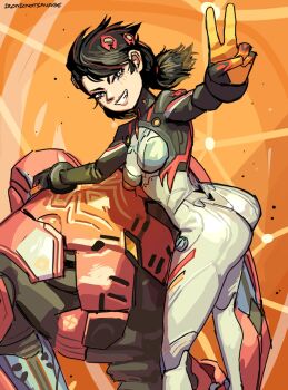 1girl ass black_hair blush bodysuit breasts brown_eyes highres ironicnotsavage looking_at_viewer low_twintails marvel mecha peni_parker robot short_hair smile solo sp//dr spider-man:_into_the_spider-verse spider-man_(series) spider-verse twintails