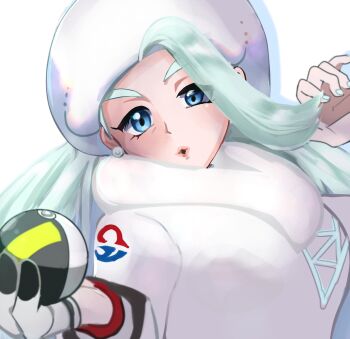 Rule 34 | 1girl, akisame kanon, blue eyes, breasts, commentary request, earrings, fur collar, fur hat, gloves, hat, highres, holding, holding poke ball, jewelry, large breasts, long hair, long sleeves, mature female, melony (pokemon), multicolored hair, nintendo, pearl earrings, plump, poke ball, pokemon, pokemon swsh, single glove, solo, streaked hair, sweater, ultra ball, upper body, ushanka, white hat, white sweater