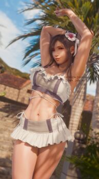 1girl 3d arms_up bikini bikini_skirt black_hair breasts cleavage costa_del_sol emy-san final_fantasy final_fantasy_vii final_fantasy_vii_rebirth final_fantasy_vii_remake flower frilled_bikini frills hair_flower hair_ornament highres looking_at_viewer microskirt navel official_alternate_costume official_alternate_hairstyle palm_tree skirt solo stomach swimsuit thighs thong_bikini tifa_lockhart tifa_lockhart_(shining_spirit) tree white_bikini